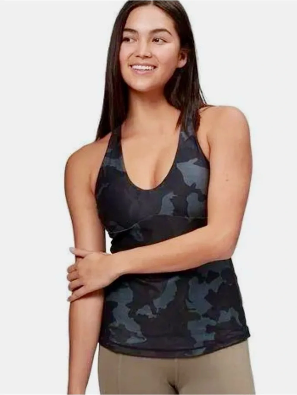 prAna Layna Bra Tank Scoop Neck Cross Back Black Camo Yoga Workout Small