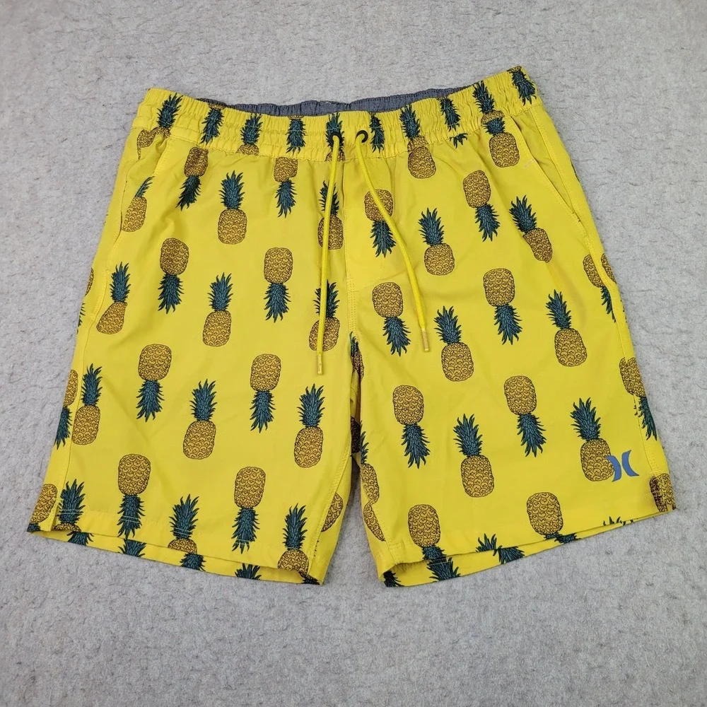 Hurley Volley Yellow Pineapple Lined Swim Shorts Active Trunks Men's Large