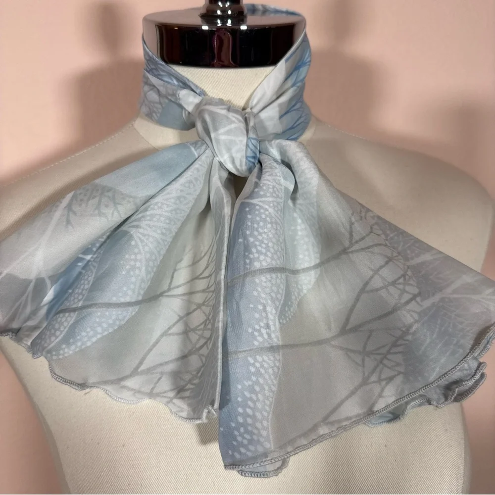 Vintage 1970’s winter tree snow Blue white polka dots Mod cravat Bow neck Scarf