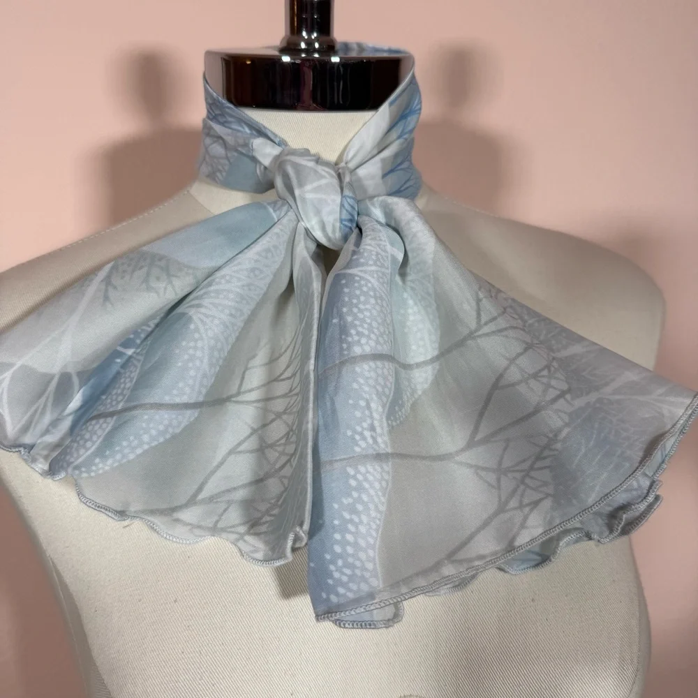 Vintage 1970’s winter tree snow Blue white polka dots Mod cravat Bow neck Scarf