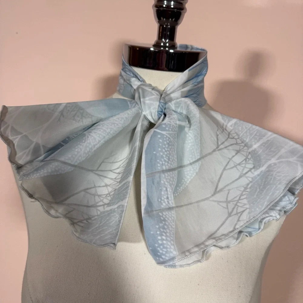 Vintage 1970’s winter tree snow Blue white polka dots Mod cravat Bow neck Scarf