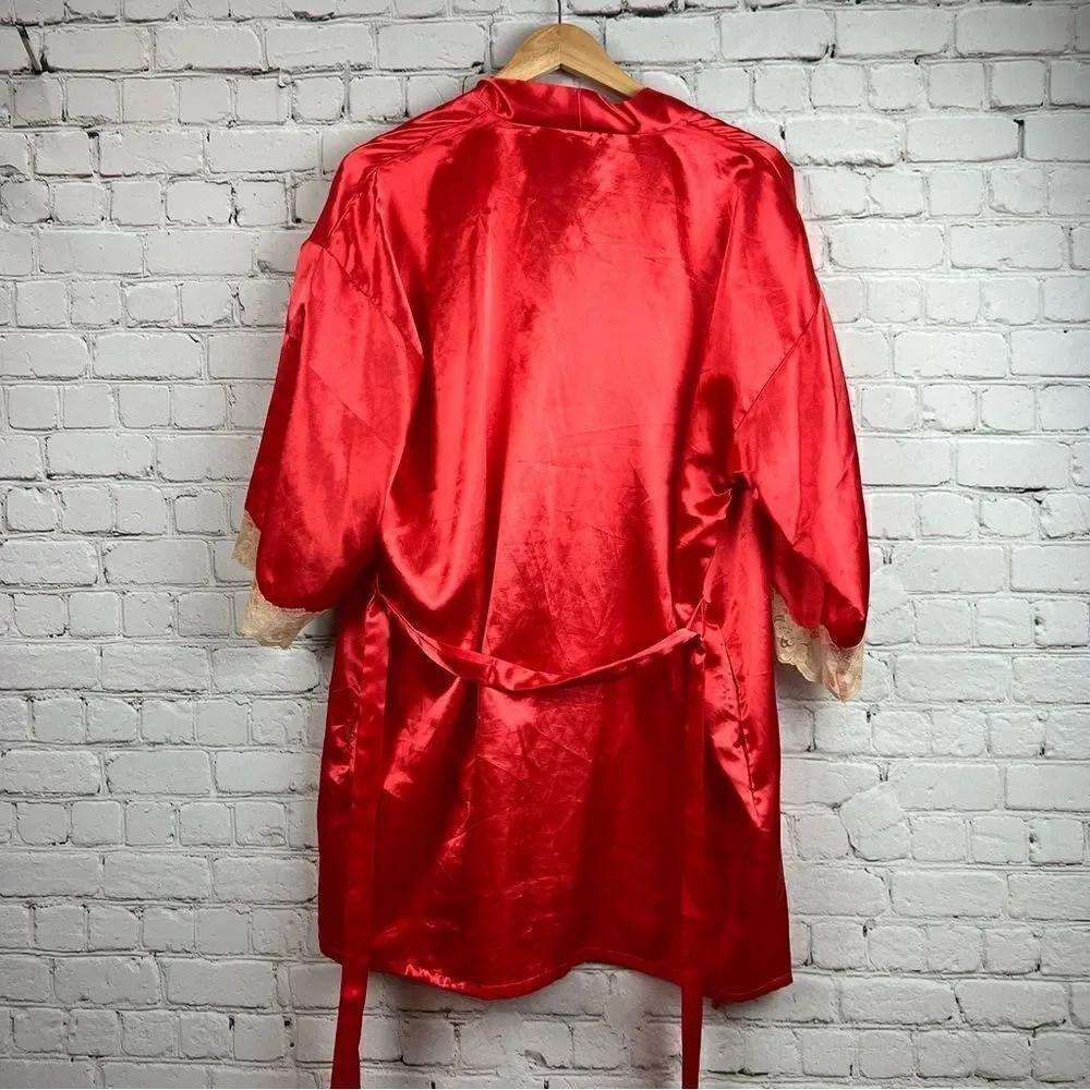 Fredricks of Hollywood Sexy Coral Satin Lace Trimmed Robe with Pockets & Belt
