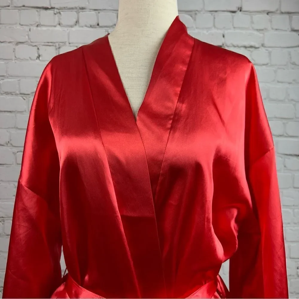 Fredricks of Hollywood Sexy Coral Satin Lace Trimmed Robe with Pockets & Belt