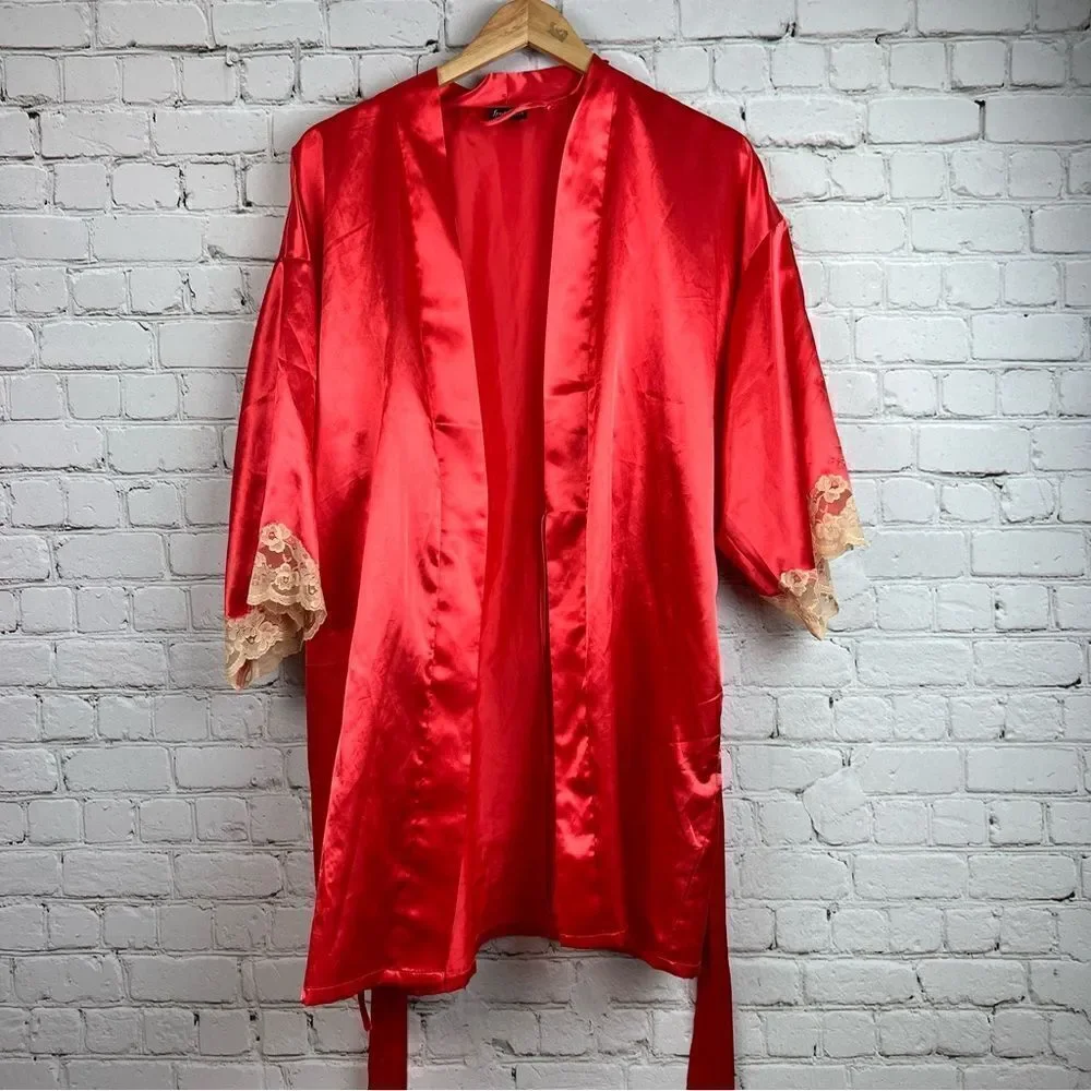 Fredricks of Hollywood Sexy Coral Satin Lace Trimmed Robe with Pockets & Belt