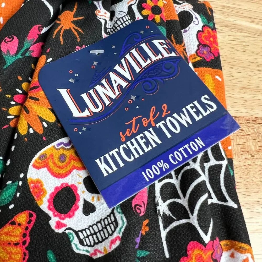 Lunaville Halloween Sugar Skull Black Kitchen Towels - Set of Two - NWT