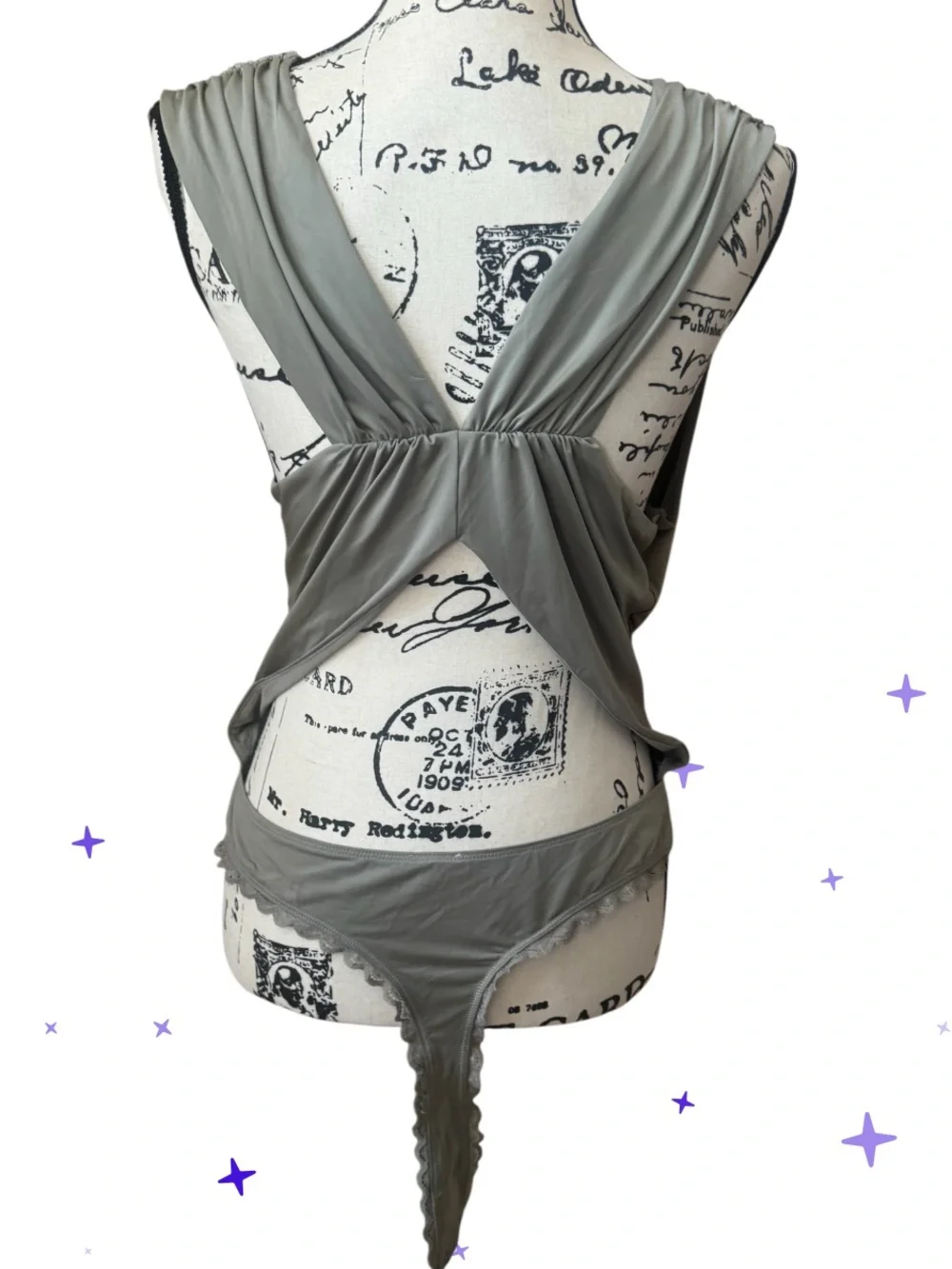 FREE PEOPLE NIGHT OWL SURPLICE BODYSUIT LARGE SILVER GREEN