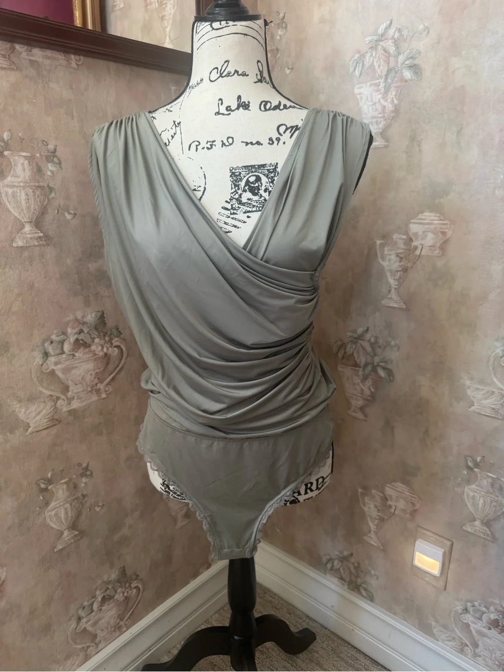 FREE PEOPLE NIGHT OWL SURPLICE BODYSUIT LARGE SILVER GREEN