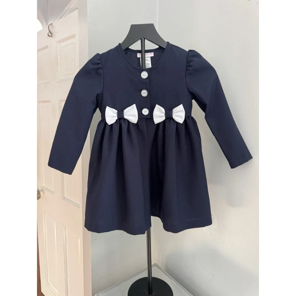Bonnie‎ Jean Navy Blue Long Sleeve Baby Girl Jacket with White Bows Button Sz 5
