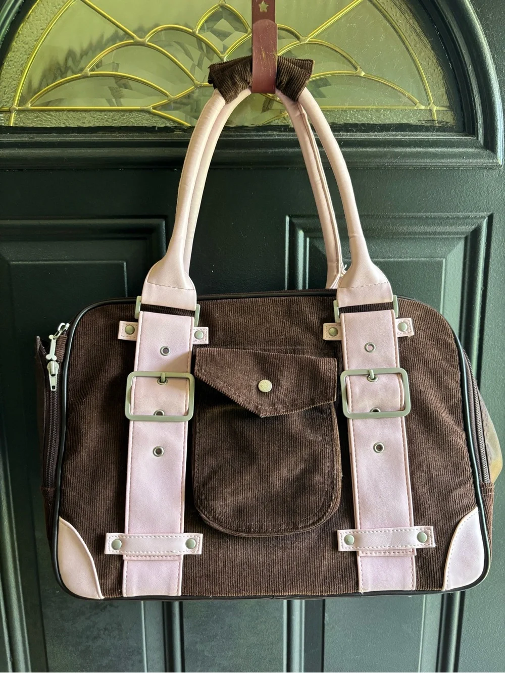 Brown Corduroy Small Pet Carrier with Faux Pink Leather Handles & Accents
