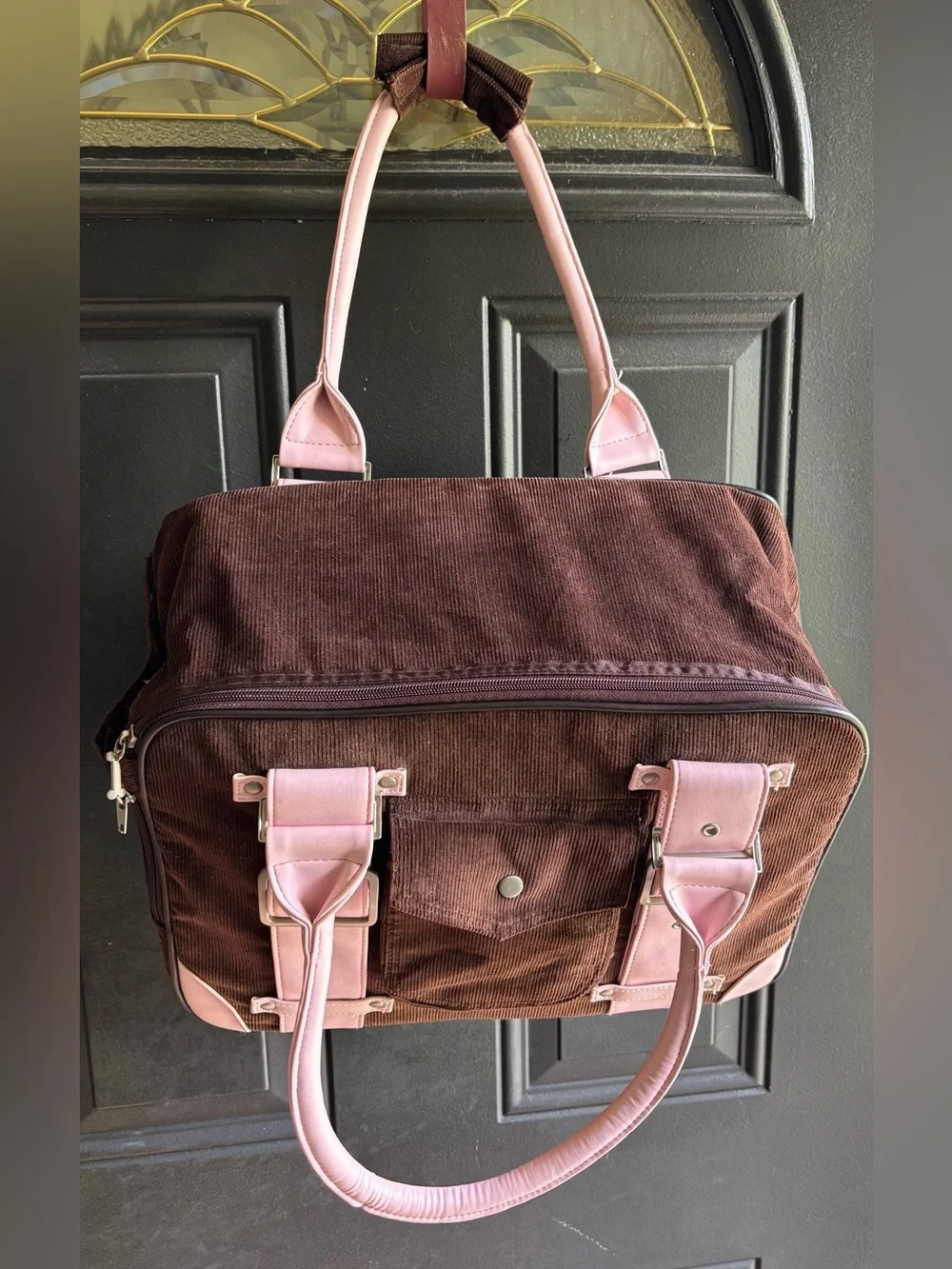 Brown Corduroy Small Pet Carrier with Faux Pink Leather Handles & Accents