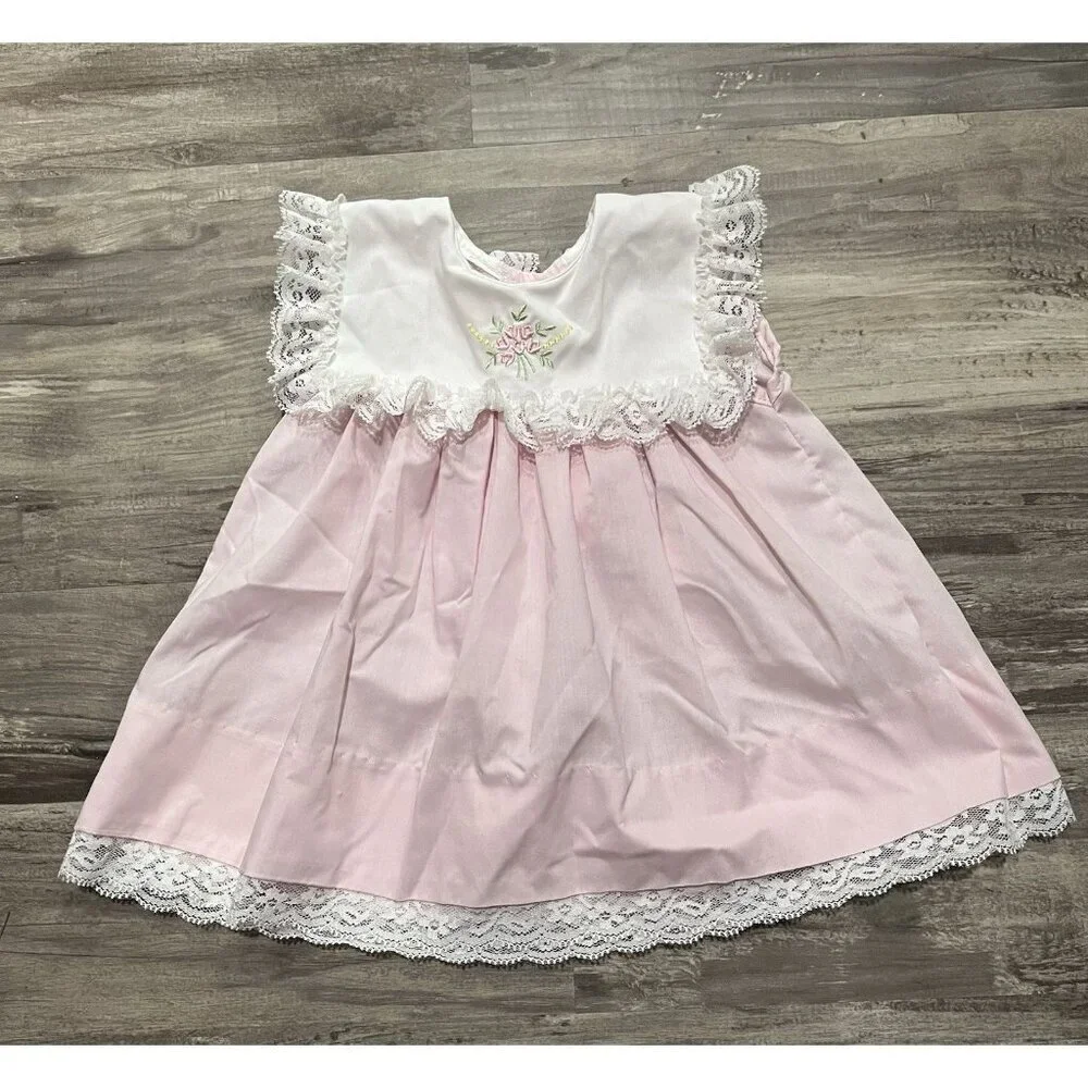 Vintage Girl's Dress 6 Months Party Floral Pink White Bib Lace Trim Flower 90s