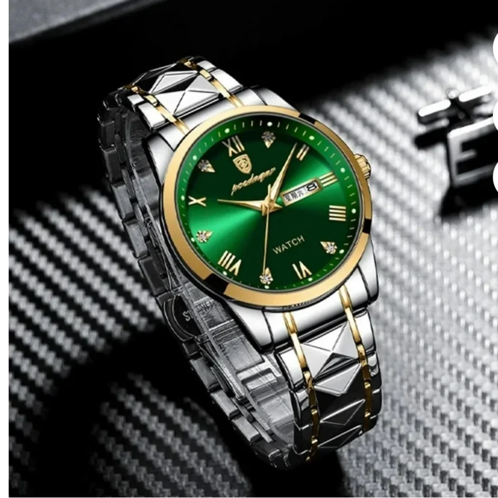 POEDAGAR Men's Watch Date Week Waterproof Luminous Quartz Stainless Steel Green