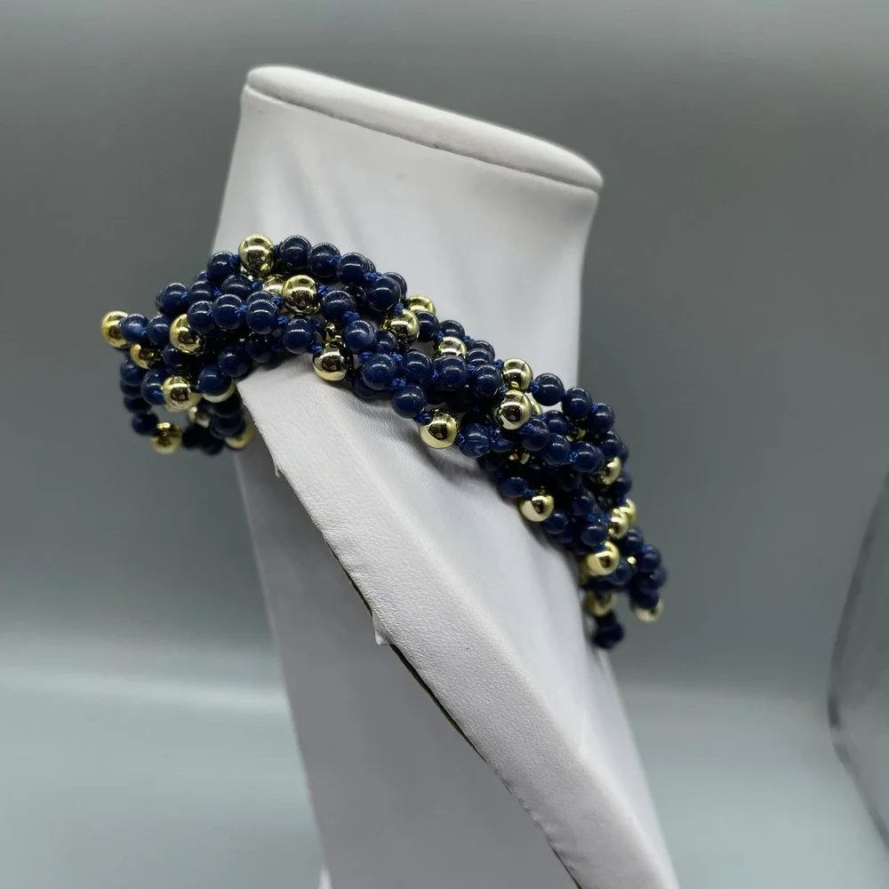 Multi Strand Beaded Necklace Navy Blue Gold Tone Toggle Clasp 17in