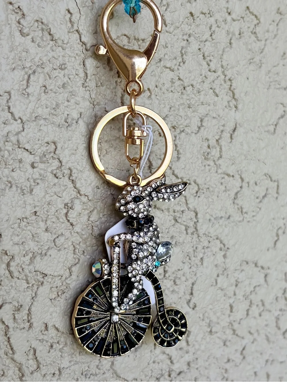 Adorable Crystal Bunny on a Vintage Bicycle Keychain