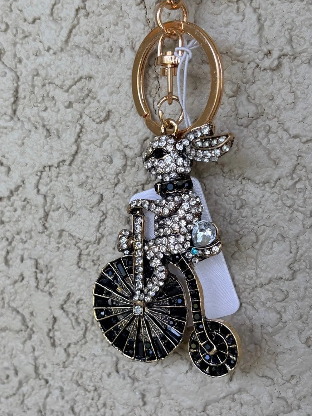 Adorable Crystal Bunny on a Vintage Bicycle Keychain