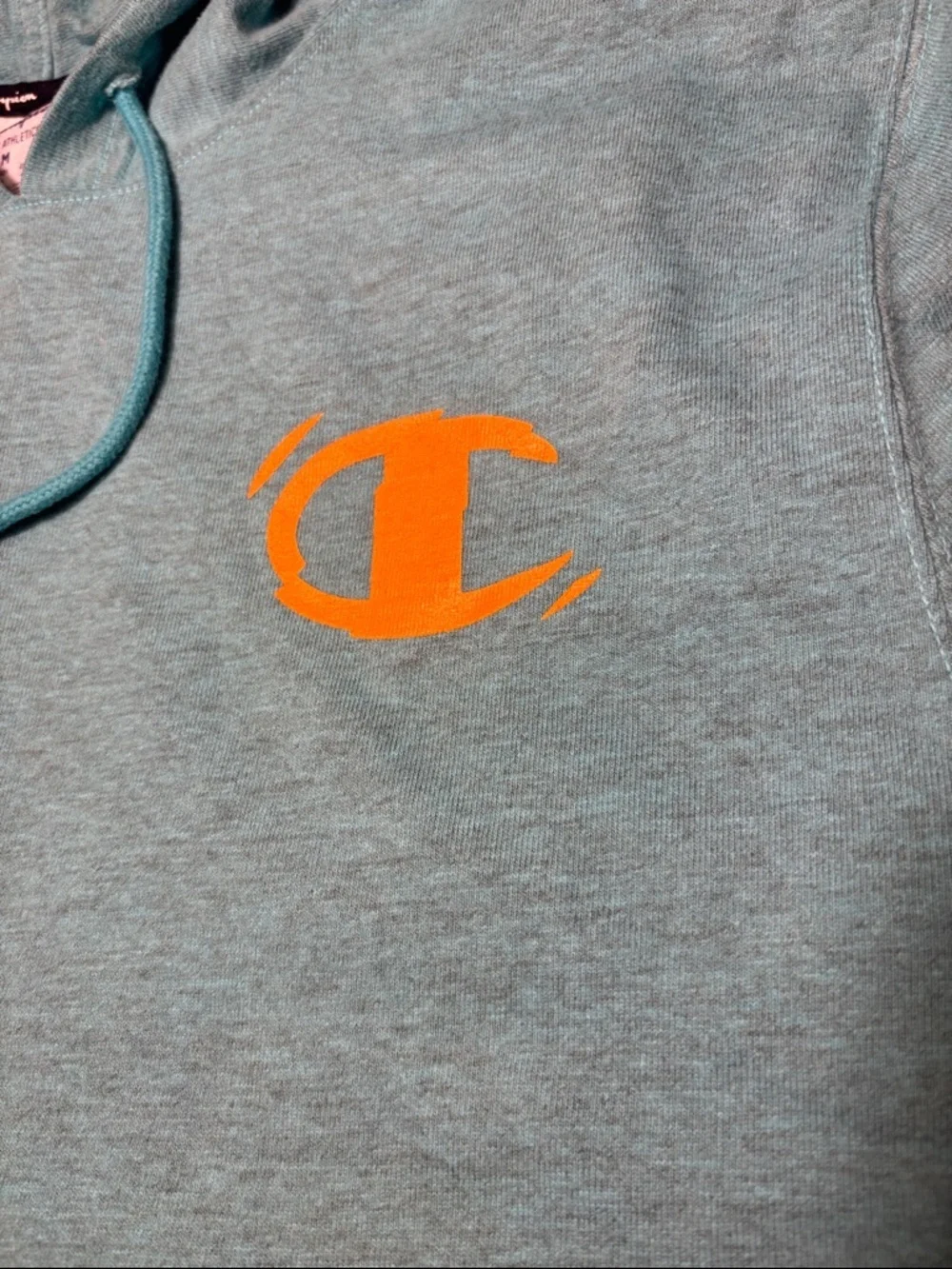 Champion Men's Hooded Pullover Sweatshirt - Teal with Orange Logo