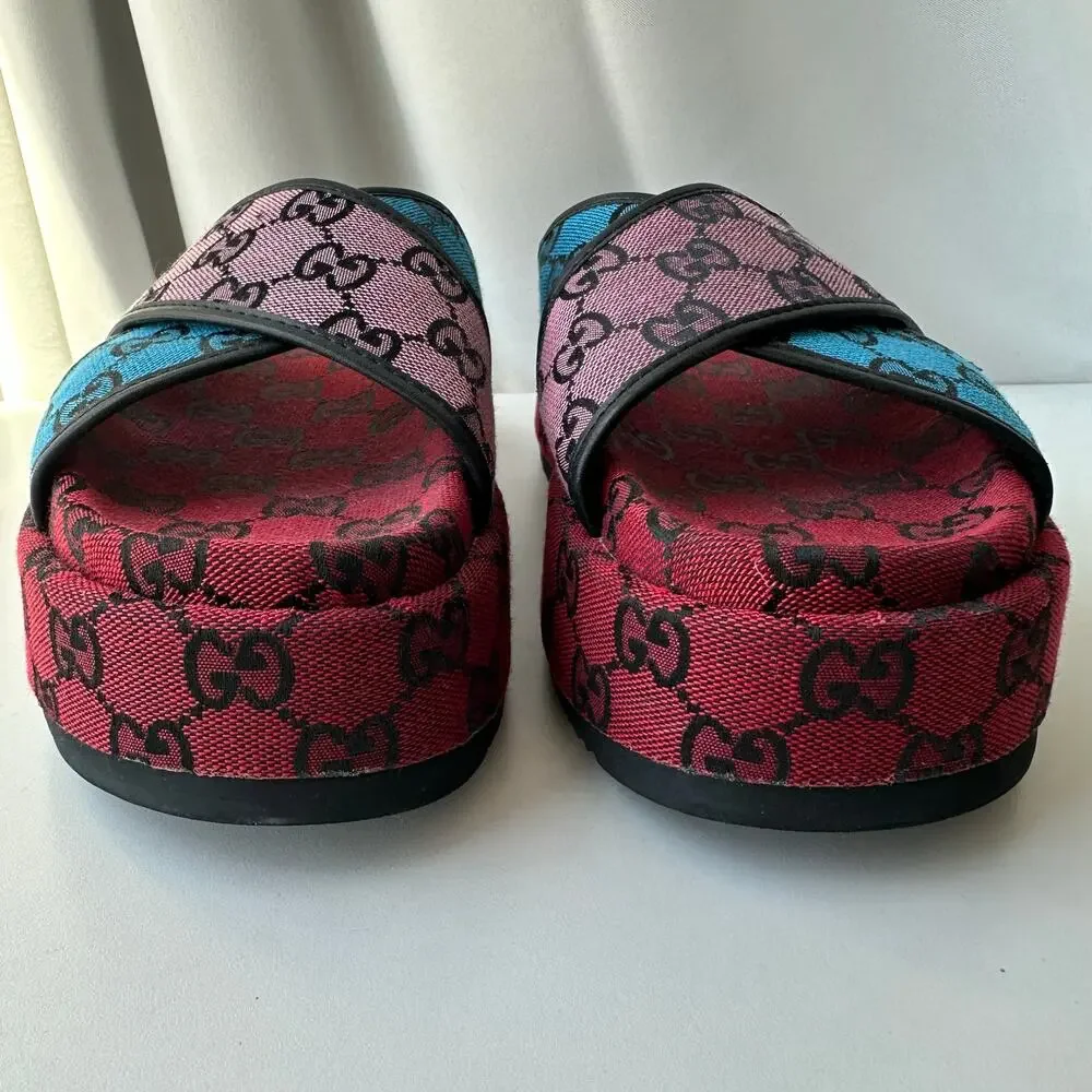 Gucci (EUR 41/US 10) GG Monogram Platform Slide Sandals - Red Logo Designer