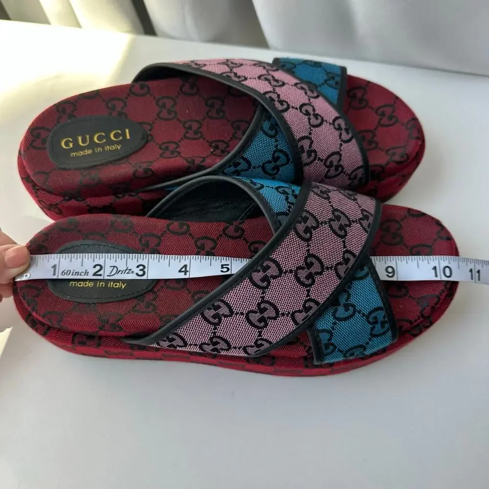 Gucci (EUR 41/US 10) GG Monogram Platform Slide Sandals - Red Logo Designer