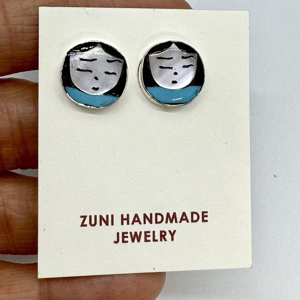Zuni Inlay Indian Maiden Stud Earrings Turquoise Signed Joyce Waseta Woman Face