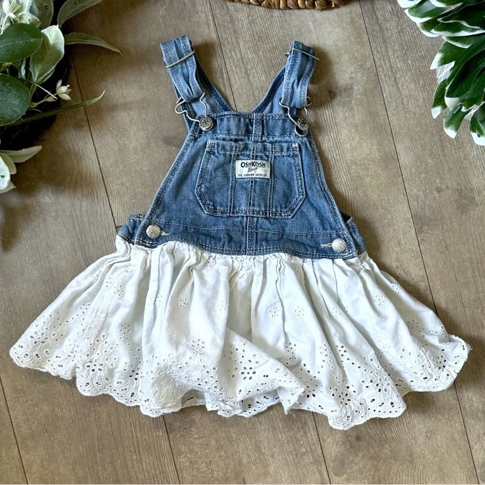 OshKosh B'gosh Blue and White Denim Eyelet Overalls Jumper Dress 18m Girl