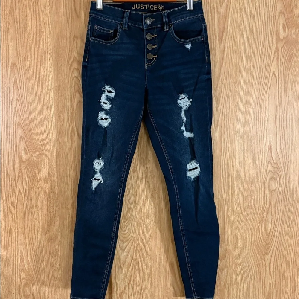 Justice Girl’s High Rise Dark Blue Destroyed Button-Snap Skinny Jeans