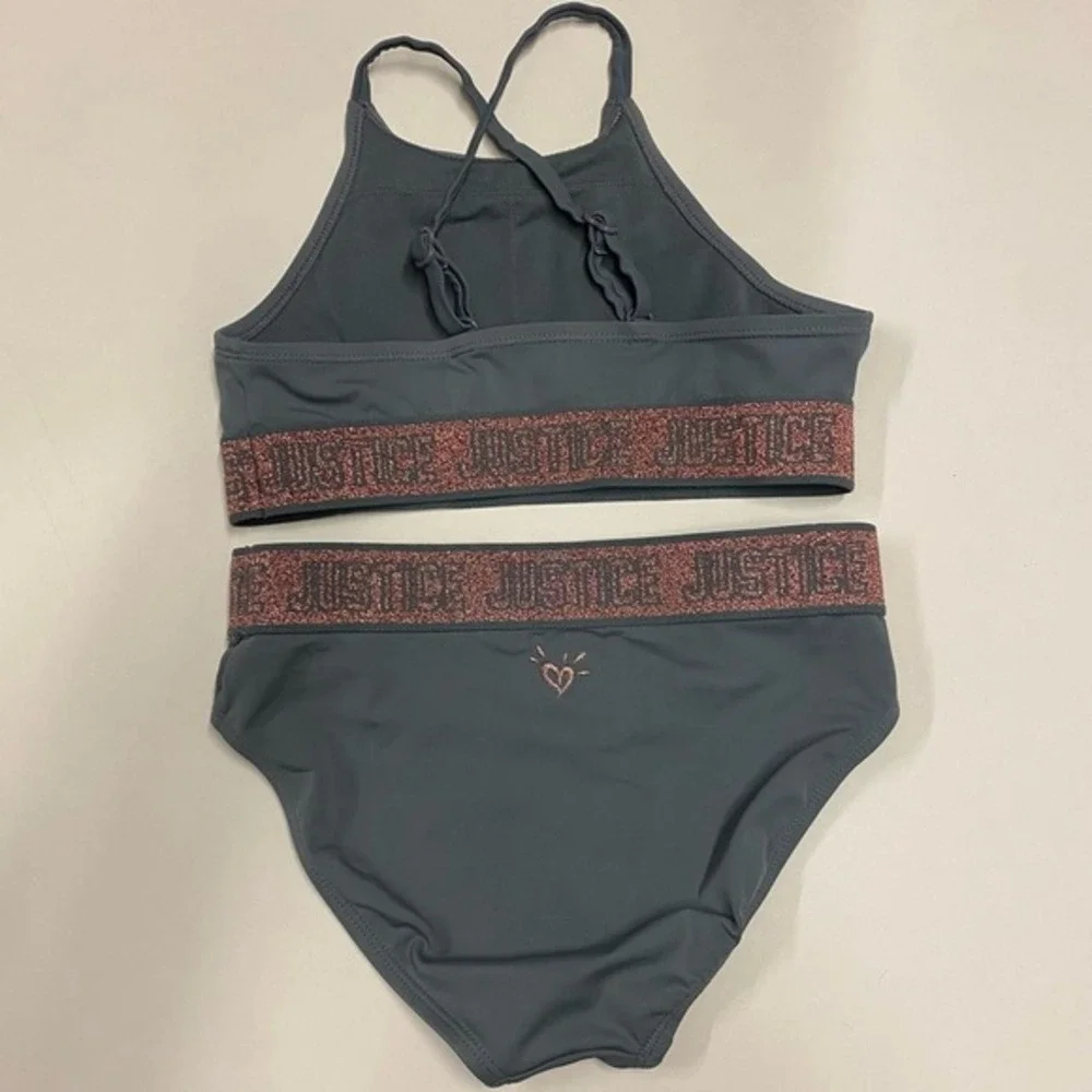 Justice Girls Size 10 Gray Rose Gold Sparkle Logo‎ Heart Bikini Swimsuit