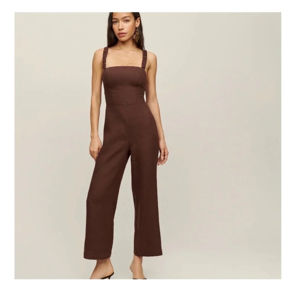Reformation Brown Linen Square Neck Wide Leg Jumpsuit Size‎ 4