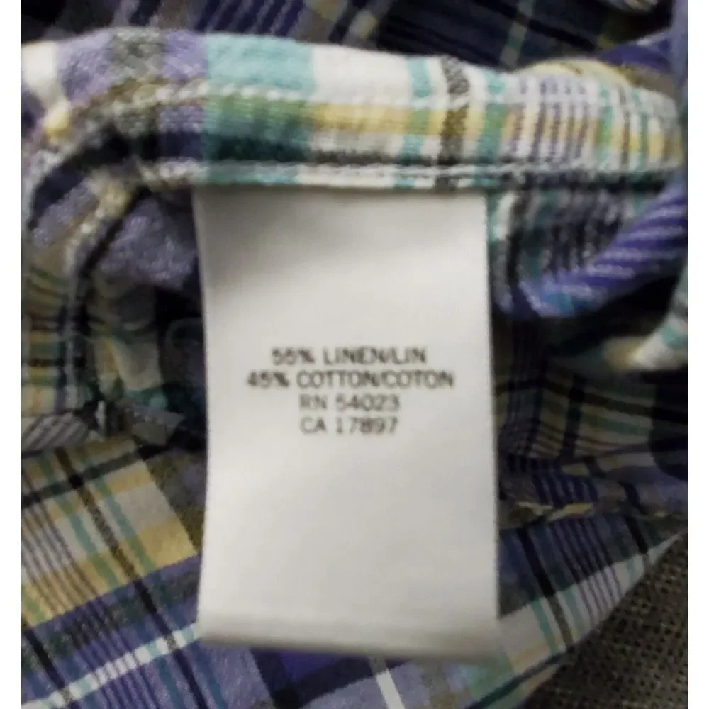 Banana Republic Men's Linen Cotton Blue Green Yellow Plaid‎ Casual Shirt Size L