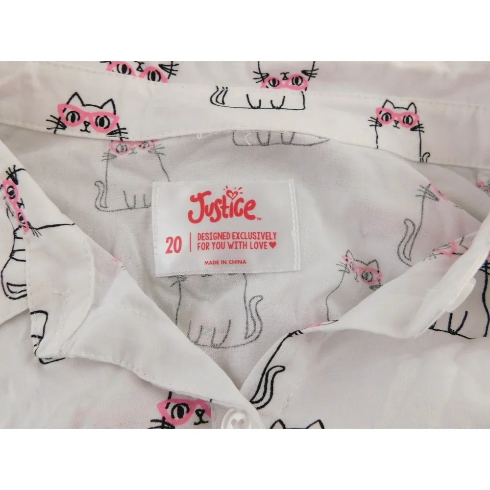 Justice Girls White Blouse with Cats Size 20 Ties in front at waist‎