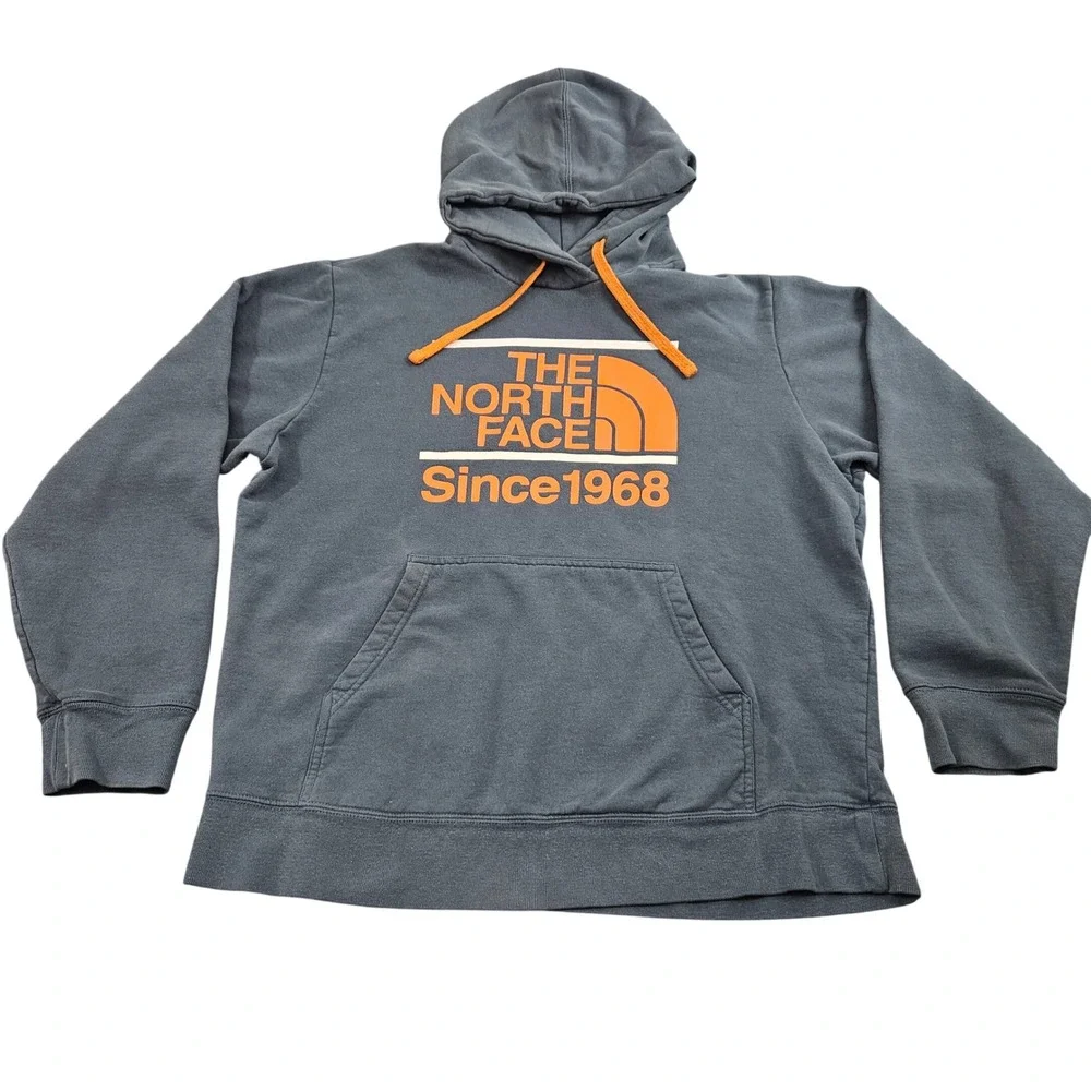 North Face Hoodie Mens Large‎ Blue Orange Since 1968 Graphic Pullover Sweatshirt