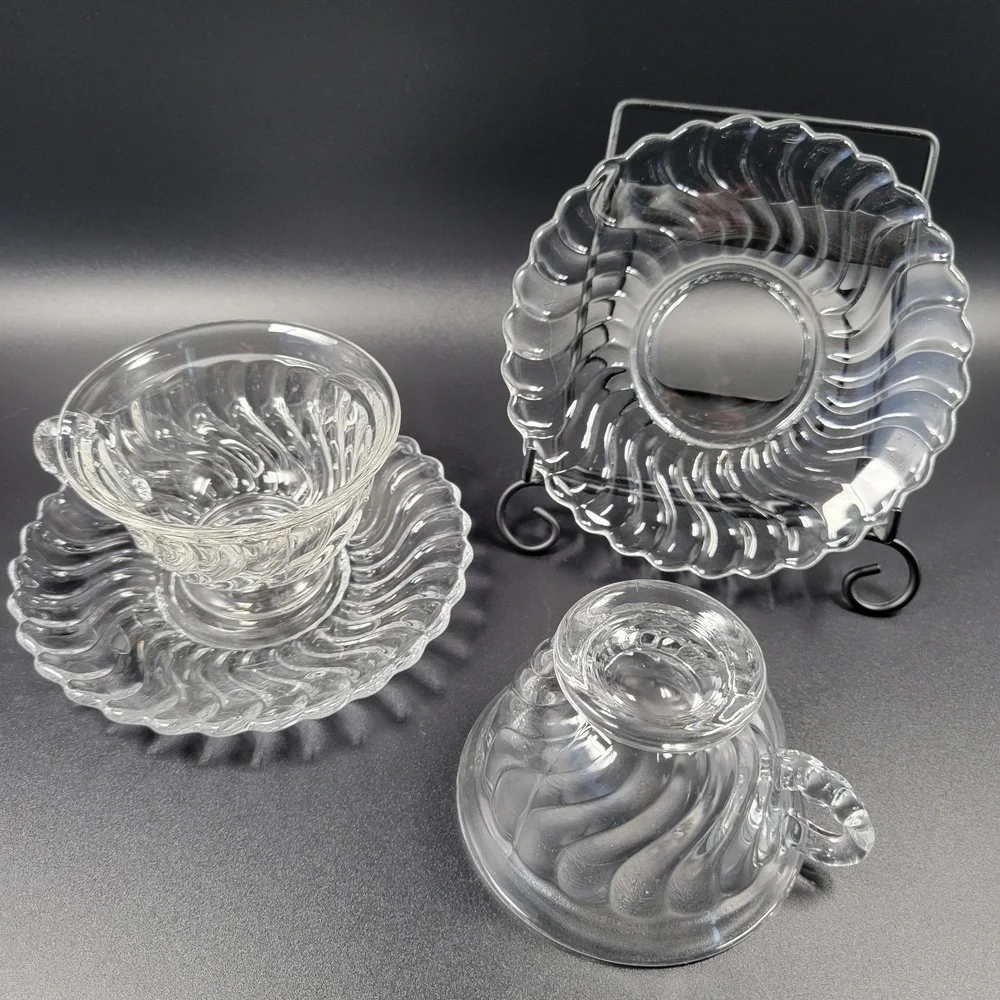 VTG Fostoria Colony 2412 Swirl Glass Footed Tea Cup and‎ Saucer Set Lot Of 2