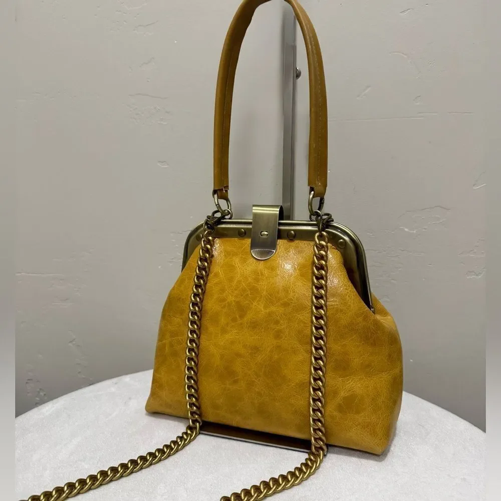 Unique Distressed Leather Handmade Rivet frame Push Lock Purse, Multi Use Style.