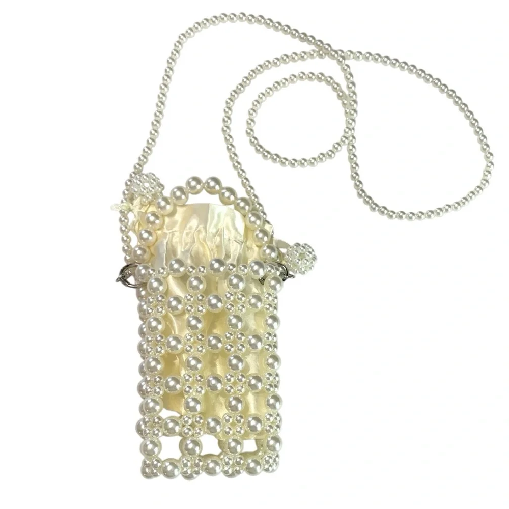 ELEGANT Faux Pearl Beaded Phone Bag with Satin Pouch