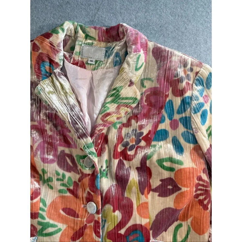 Vintage Alberto Makali Crushed Velvet Floral Blazer Jacket Boho Art To Wear 14