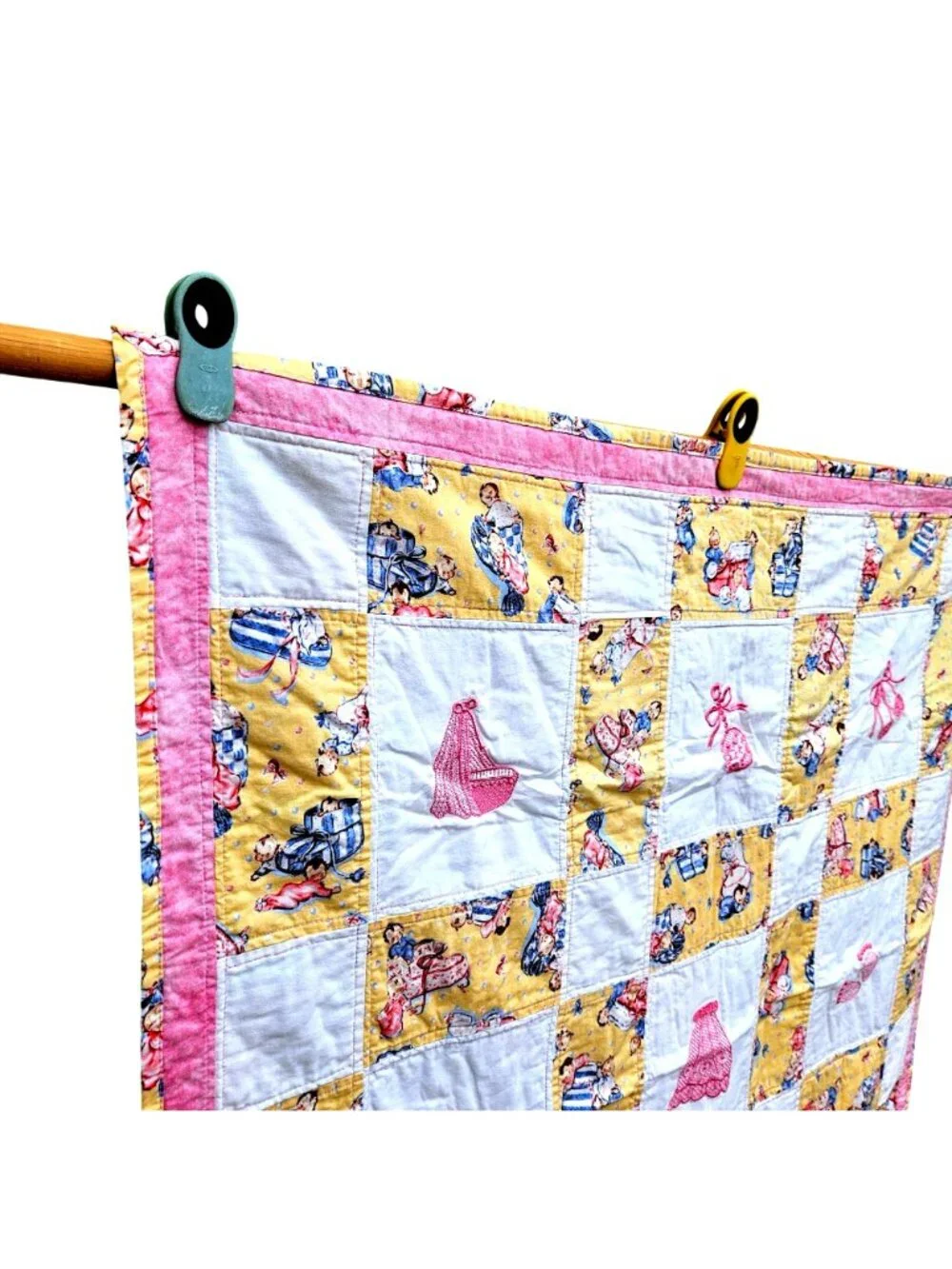 Vintage Baby Quilt Girl Pink Yellow Cotton Machine Embroidery 42x39