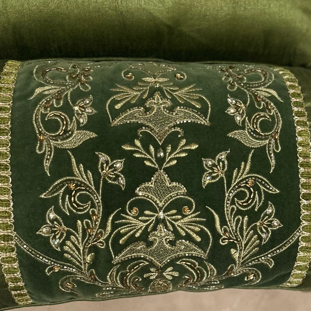Pier 1 Green Velvet and Satin Like Sequin and Beaded Pillow Set