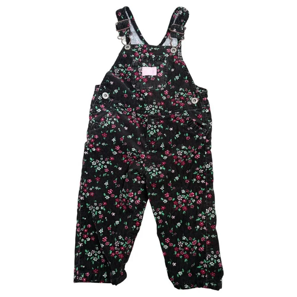OshKosh B'Gosh Overalls Girls 12 months Corduroy Floral Flowers Pink Tag