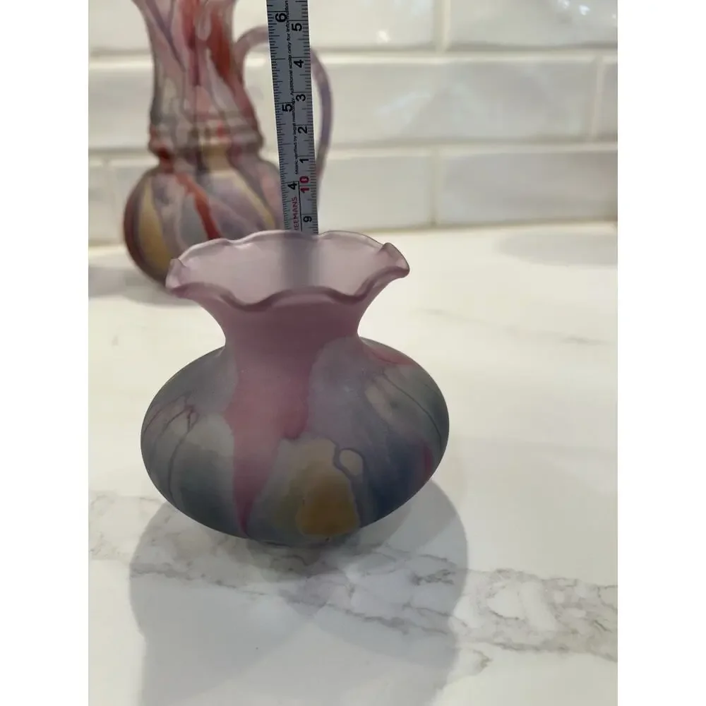 Vtg Rueven Israeli Original Hand Painted Nouveau Art Glass Pitcher Vase Set Of 4