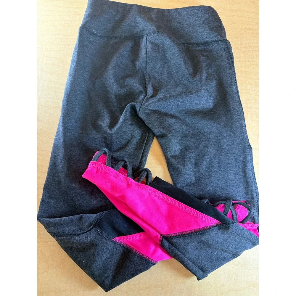 Justice Active Girls Dance Leggings Gray Pink Lattice Ankle Size 6/7