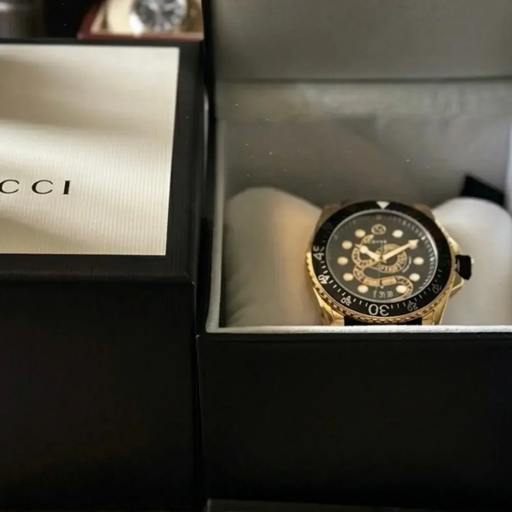 NWT Full Set Gucci Dive Men Yellow Gold PVD Black Rubber Swiss Watch YA136219