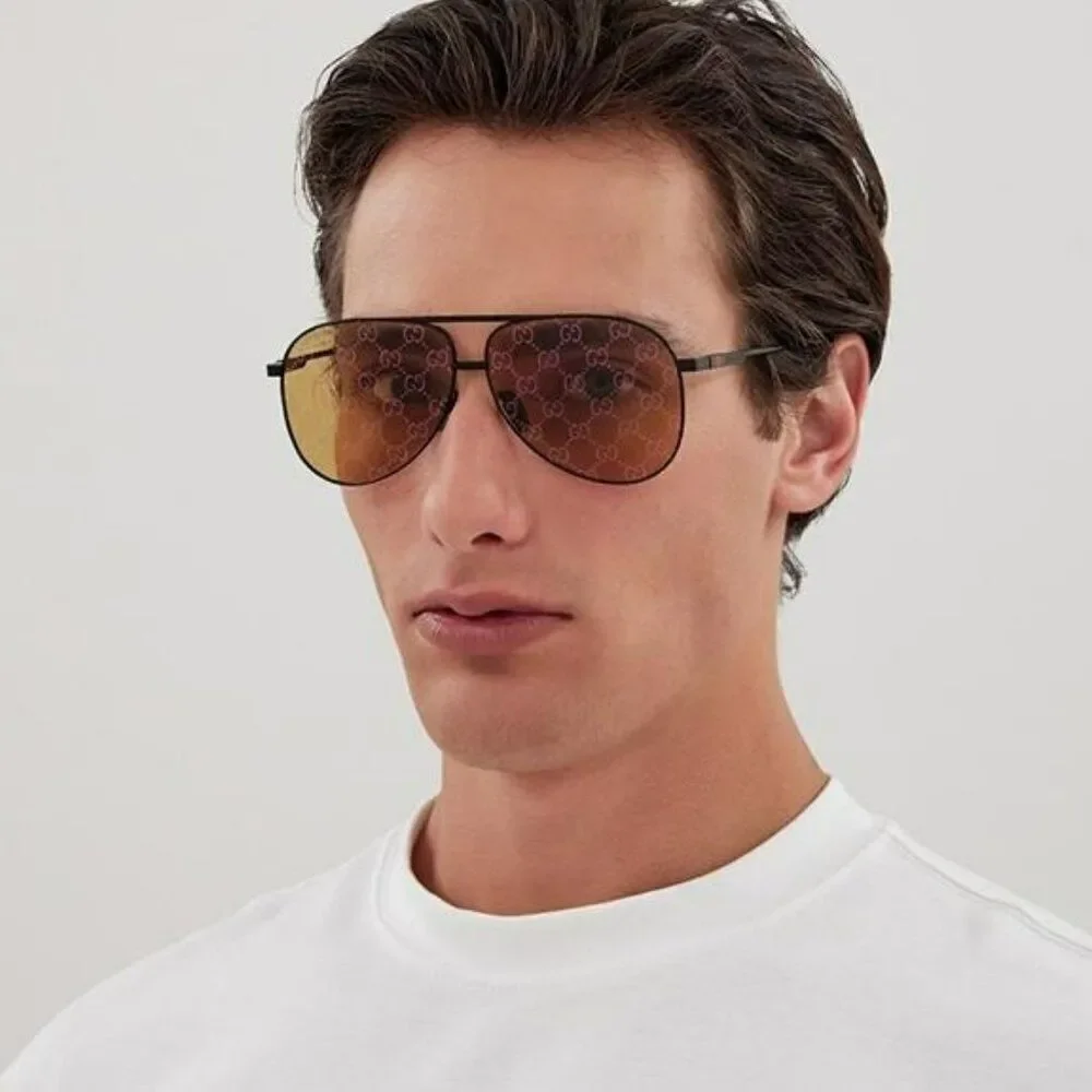 NEW Gucci GG1677S 005 Black Yellow Mirror Logo Pilot Unisex Sunglasses