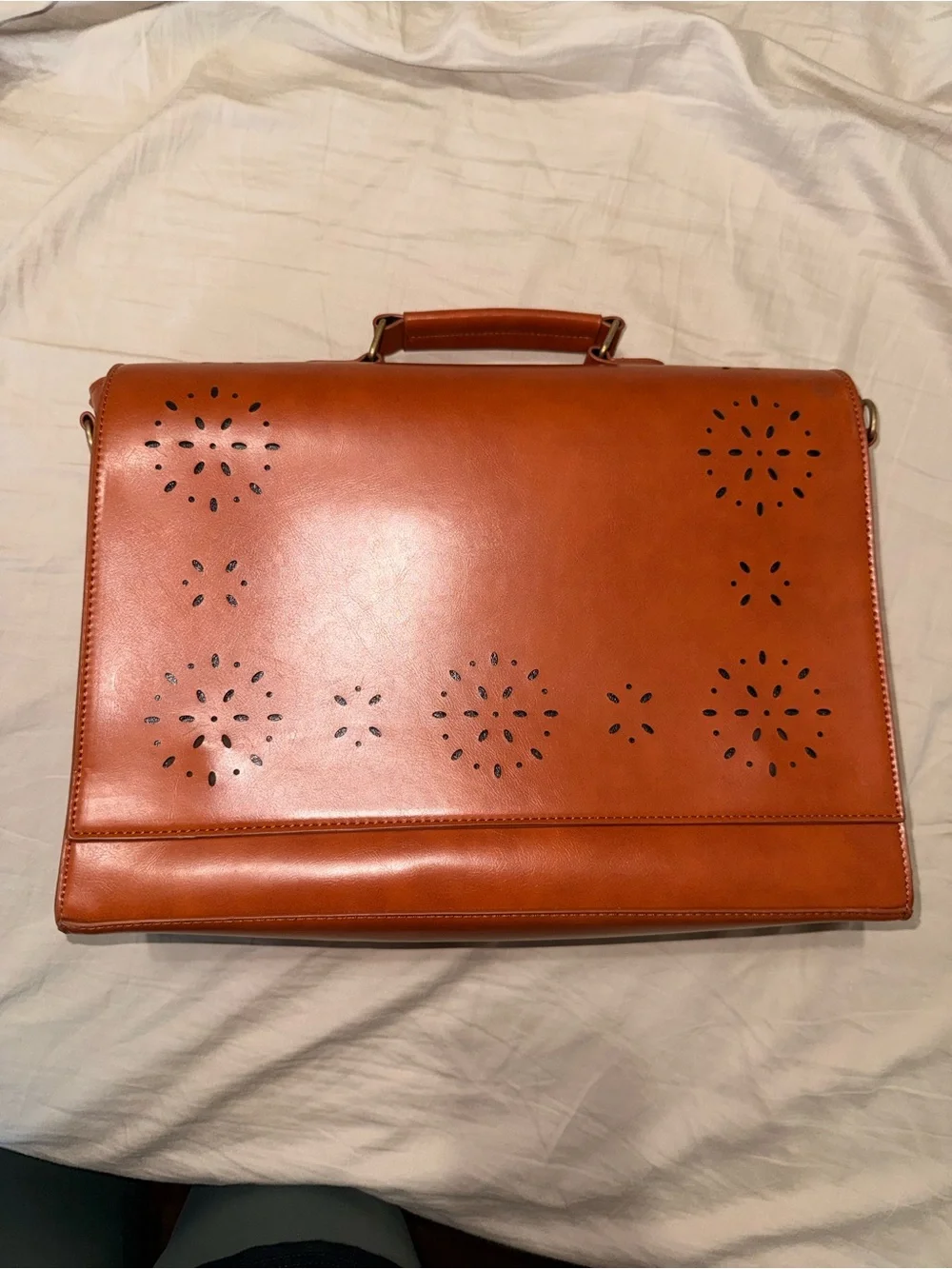 Women's Laptop Briefcase in Cognac Brown with Perforated Detail
