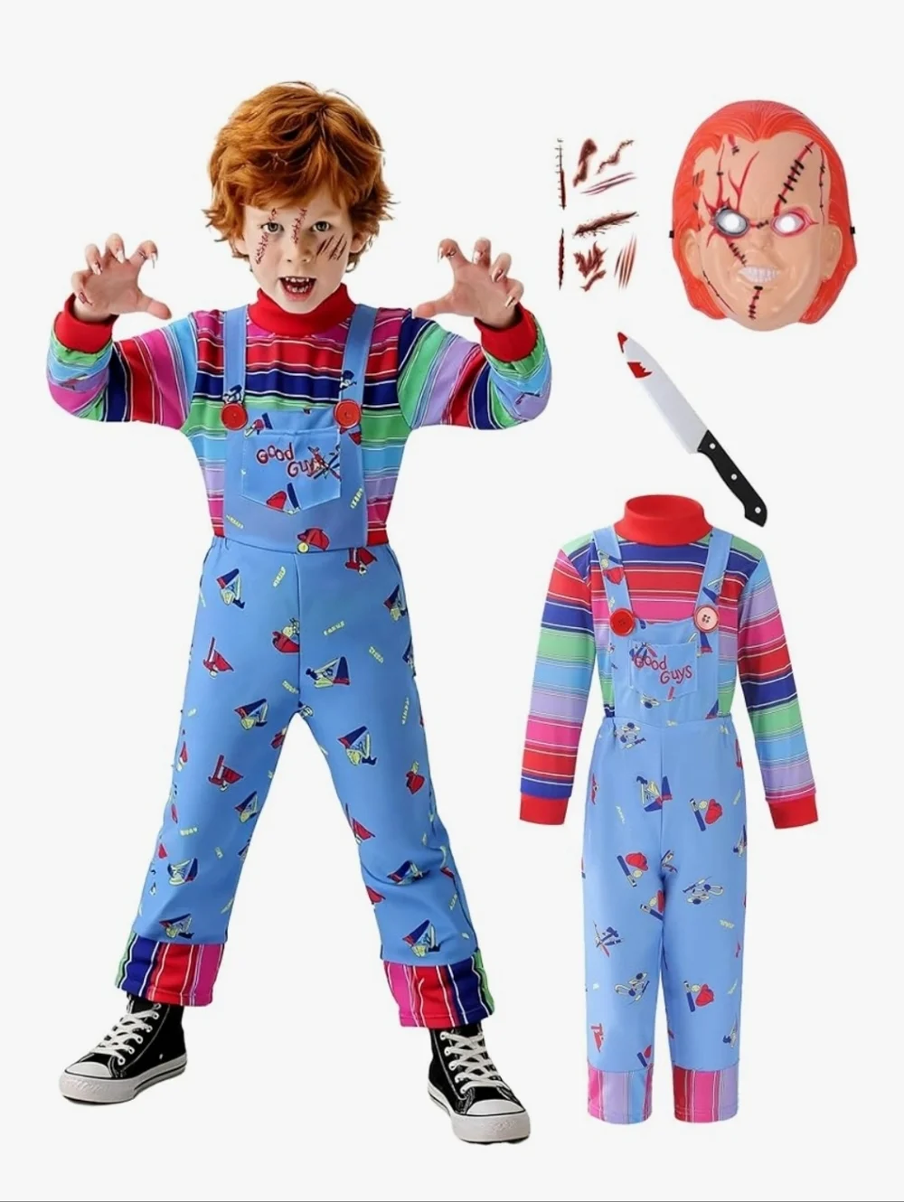 Kids Chucky Blue Striped Overalls Halloween Costume with Mask