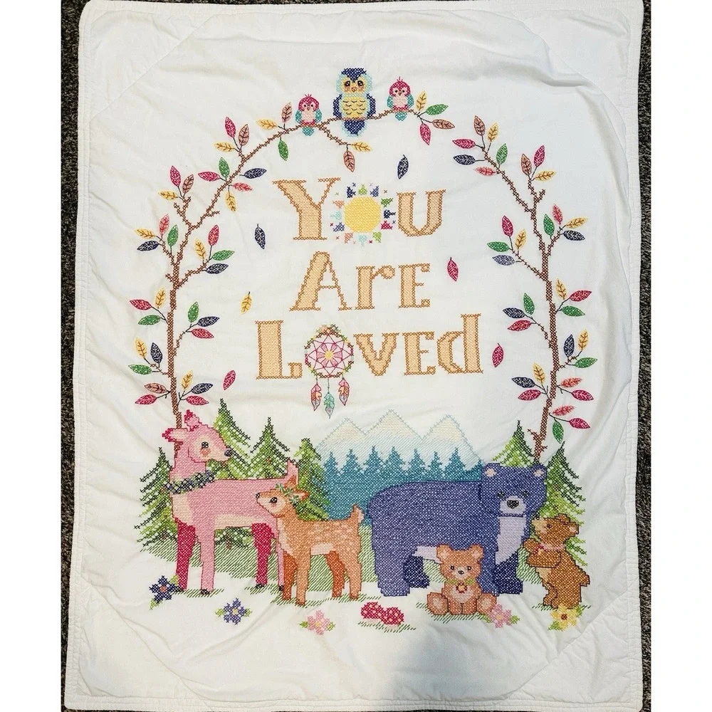 VTG Cross Stitch Baby Quilt Completed Crib Blanket Baby Animals 