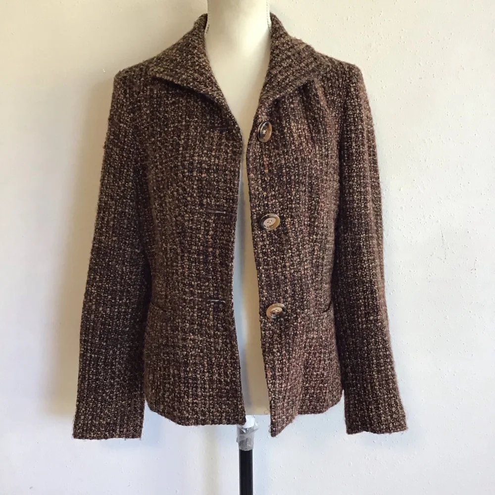 Jones New York Women Vintage Brown & Black Tweed Business Blazer Jacket Size 10