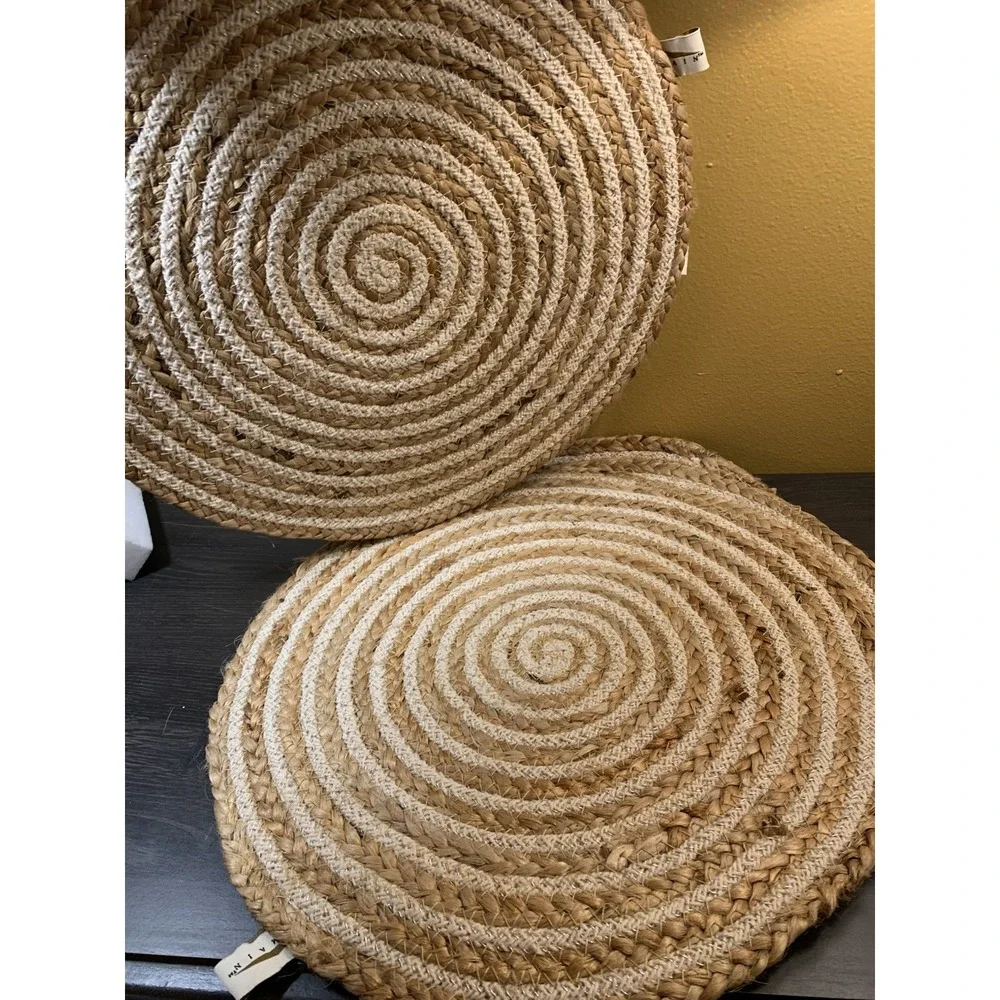 Domain Jute Cotton Placemats Set of 4 Round Spiral Braided Metallic Gold Natural