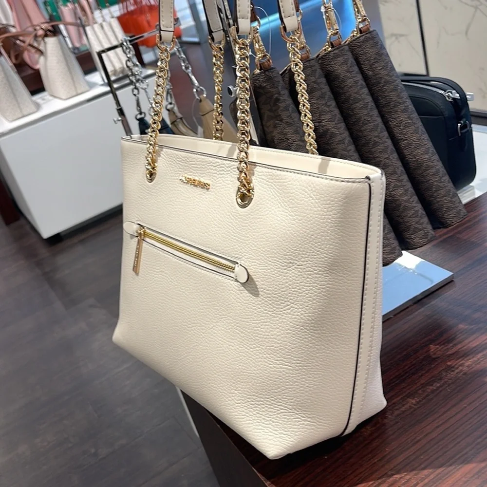 MICHAEL KORS Jet Set Medium Front Zip Pebbled Leather Chain Tote Bag Light Cream