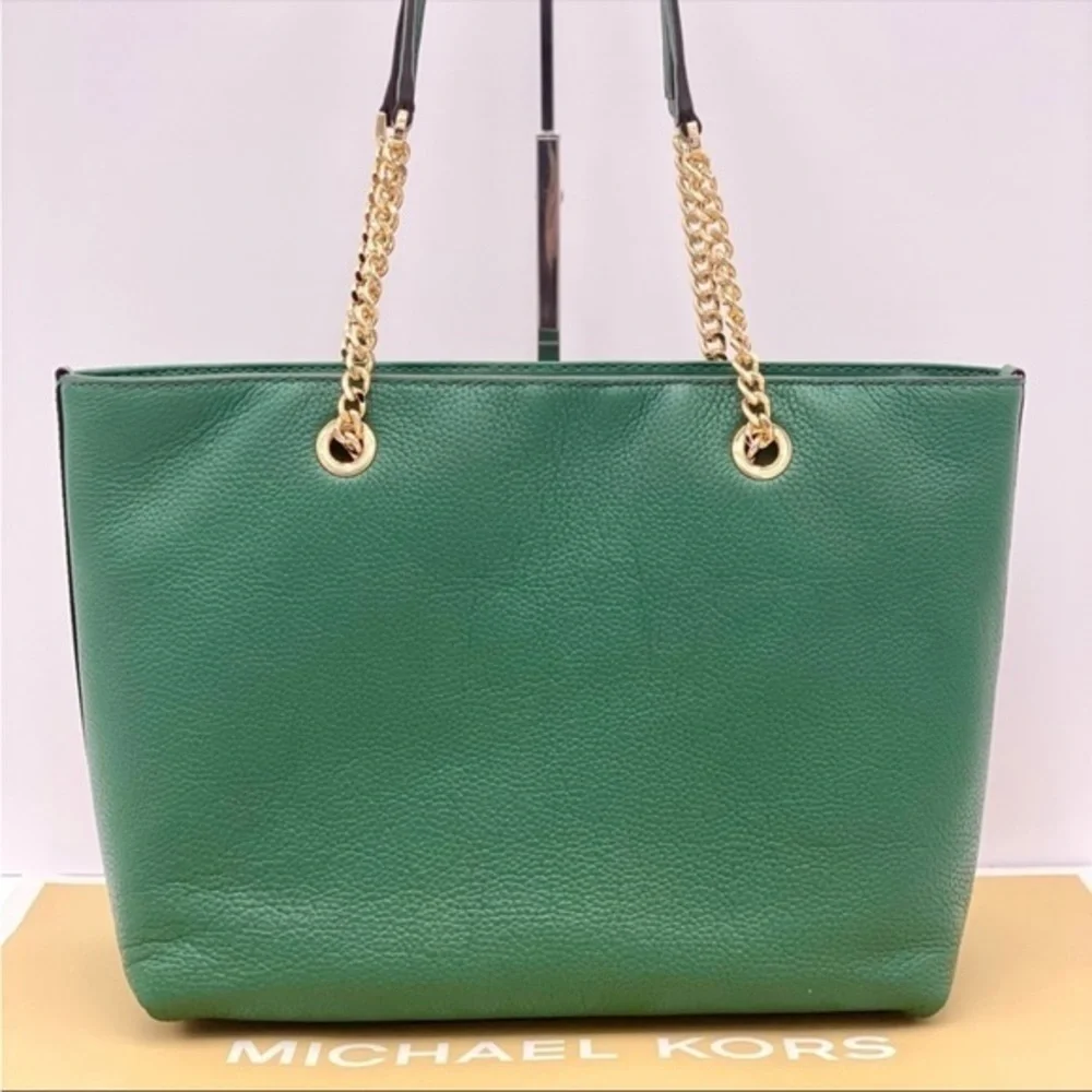 Michael Kors Medium Front Zip Chain Tote Bag Leather JEWEL GREEN