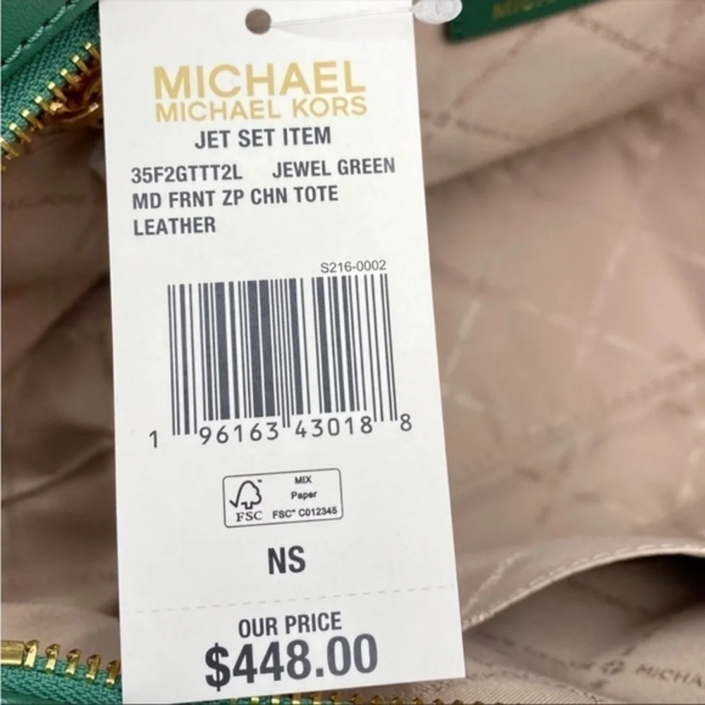Michael Kors Medium Front Zip Chain Tote Bag Leather JEWEL GREEN