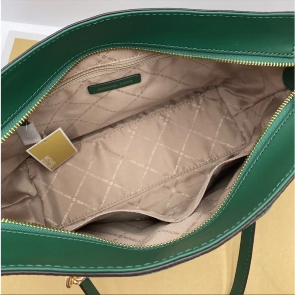 Michael Kors Medium Front Zip Chain Tote Bag Leather JEWEL GREEN